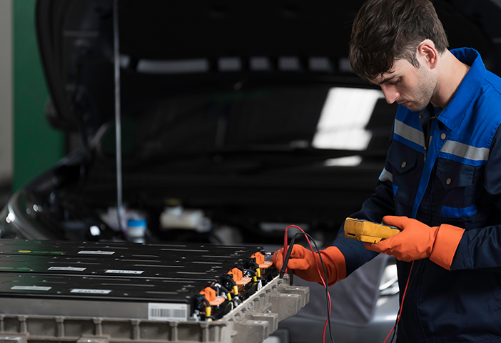 Technician inspecting an electric vehicle battery